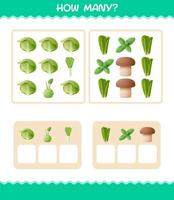 How many cartoon vegetables. Counting game. Educational game for pre shool years kids and toddlers vector