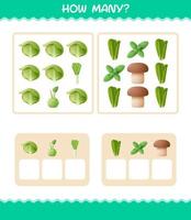 How many cartoon vegetables. Counting game. Educational game for pre shool years kids and toddlers vector