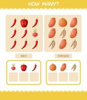 How many cartoon vegetables. Counting game. Educational game for pre shool years kids and toddlers vector