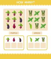 cuántas verduras de dibujos animados. juego de conteo juego educativo para niños de edad preescolar y niños pequeños vector