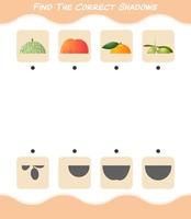 encuentra las sombras correctas de las frutas de dibujos animados. juego de búsqueda y combinación. juego educativo para niños de edad preescolar y niños pequeños vector