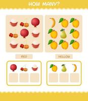 cuántas frutas de dibujos animados. juego de conteo juego educativo para niños y niños pequeños en edad preescolar vector