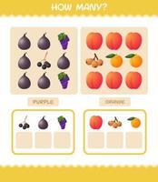 cuántas frutas de dibujos animados. juego de conteo juego educativo para niños y niños pequeños en edad preescolar vector