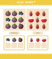 cuántas frutas de dibujos animados. juego de conteo juego educativo para niños y niños pequeños en edad preescolar vector