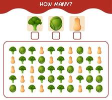 How many cartoon vegetables. Counting game. Educational game for pre shool years kids and toddlers vector