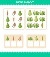 How many cartoon vegetables. Counting game. Educational game for pre shool years kids and toddlers vector