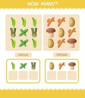 How many cartoon vegetables. Counting game. Educational game for pre shool years kids and toddlers vector