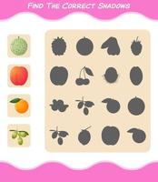 encuentra las sombras correctas de las frutas de dibujos animados. juego de búsqueda y combinación. juego educativo para niños de edad preescolar y niños pequeños vector