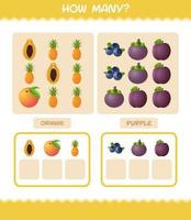 cuántas frutas de dibujos animados. juego de conteo juego educativo para niños y niños pequeños en edad preescolar vector