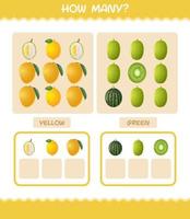 cuántas frutas de dibujos animados. juego de conteo juego educativo para niños y niños pequeños en edad preescolar vector