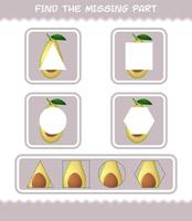 Find the missing parts of cartoon avocado. Searching game. Educational game for pre shool years kids and toddlers vector