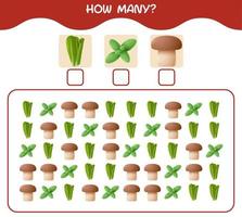 How many cartoon vegetables. Counting game. Educational game for pre shool years kids and toddlers vector