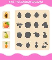 encuentra las sombras correctas de las frutas de dibujos animados. juego de búsqueda y combinación. juego educativo para niños de edad preescolar y niños pequeños vector