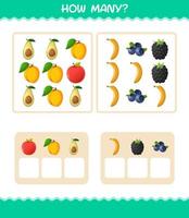 How many cartoon fruits. Counting game. Educational game for pre shool years kids and toddlers vector