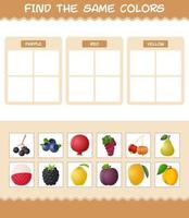 encontrar los mismos colores de las frutas. juego de búsqueda y combinación. juego educativo para niños y niños pequeños en edad preescolar vector