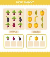 cuántas verduras de dibujos animados. juego de conteo juego educativo para niños de edad preescolar y niños pequeños vector