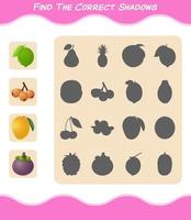 Find the correct shadows of cartoon fruits. Searching and Matching game. Educational game for pre shool years kids and toddlers vector
