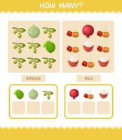 How many cartoon fruits. Counting game. Educational game for pre shool years kids and toddlers vector