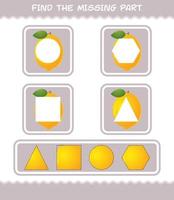 Find the missing parts of cartoon lemon. Searching game. Educational game for pre shool years kids and toddlers vector