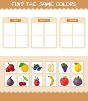 encontrar los mismos colores de las frutas. juego de búsqueda y combinación. juego educativo para niños y niños pequeños en edad preescolar vector