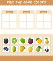 encontrar los mismos colores de las frutas. juego de búsqueda y combinación. juego educativo para niños y niños pequeños en edad preescolar vector