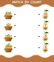 Match by count of cartoon avocado. Match and count game. Educational game for pre shool years kids and toddlers vector