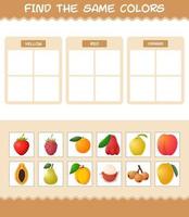 encontrar los mismos colores de las frutas. juego de búsqueda y combinación. juego educativo para niños y niños pequeños en edad preescolar vector