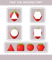 Find the missing parts of cartoon strawberry. Searching game. Educational game for pre shool years kids and toddlers vector