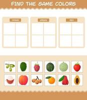 encontrar los mismos colores de las frutas. juego de búsqueda y combinación. juego educativo para niños y niños pequeños en edad preescolar vector