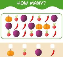 How many cartoon vegetables. Counting game. Educational game for pre shool years kids and toddlers vector