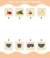 encuentra las sombras correctas de las frutas de dibujos animados. juego de búsqueda y combinación. juego educativo para niños de edad preescolar y niños pequeños vector