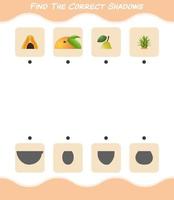 encuentra las sombras correctas de las frutas de dibujos animados. juego de búsqueda y combinación. juego educativo para niños de edad preescolar y niños pequeños vector