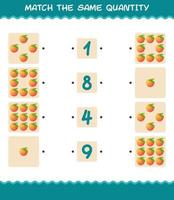 Match the same quantity of peach. Counting game. Educational game for pre shool years kids and toddlers vector