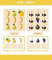 cuántas frutas de dibujos animados. juego de conteo juego educativo para niños y niños pequeños en edad preescolar vector