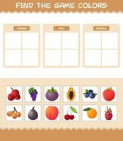 encontrar los mismos colores de las frutas. juego de búsqueda y combinación. juego educativo para niños y niños pequeños en edad preescolar vector