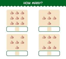 How many cartoon garlic. Counting game. Educational game for pre shool years kids and toddlers vector