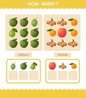 cuántas frutas de dibujos animados. juego de conteo juego educativo para niños y niños pequeños en edad preescolar vector