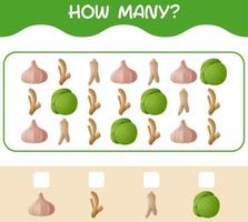 How many cartoon vegetables. Counting game. Educational game for pre shool years kids and toddlers vector