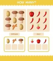 How many cartoon vegetables. Counting game. Educational game for pre shool years kids and toddlers vector