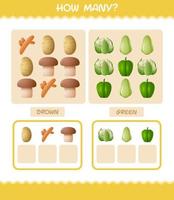 How many cartoon vegetables. Counting game. Educational game for pre shool years kids and toddlers vector