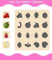 encuentra las sombras correctas de las frutas de dibujos animados. juego de búsqueda y combinación. juego educativo para niños de edad preescolar y niños pequeños vector