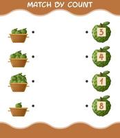 Match by count of cartoon custard apple. Match and count game. Educational game for pre shool years kids and toddlers vector