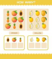 cuántas frutas de dibujos animados. juego de conteo juego educativo para niños y niños pequeños en edad preescolar vector