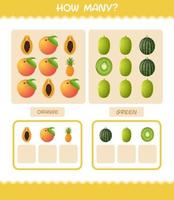 cuántas frutas de dibujos animados. juego de conteo juego educativo para niños y niños pequeños en edad preescolar vector