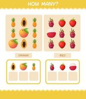 cuántas frutas de dibujos animados. juego de conteo juego educativo para niños y niños pequeños en edad preescolar vector