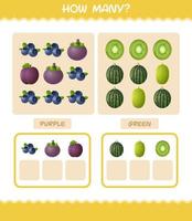 cuántas frutas de dibujos animados. juego de conteo juego educativo para niños y niños pequeños en edad preescolar vector