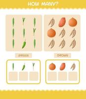 How many cartoon vegetables. Counting game. Educational game for pre shool years kids and toddlers vector