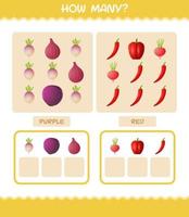 How many cartoon vegetables. Counting game. Educational game for pre shool years kids and toddlers vector