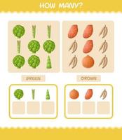 How many cartoon vegetables. Counting game. Educational game for pre shool years kids and toddlers vector