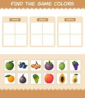 encontrar los mismos colores de las frutas. juego de búsqueda y combinación. juego educativo para niños y niños pequeños en edad preescolar vector